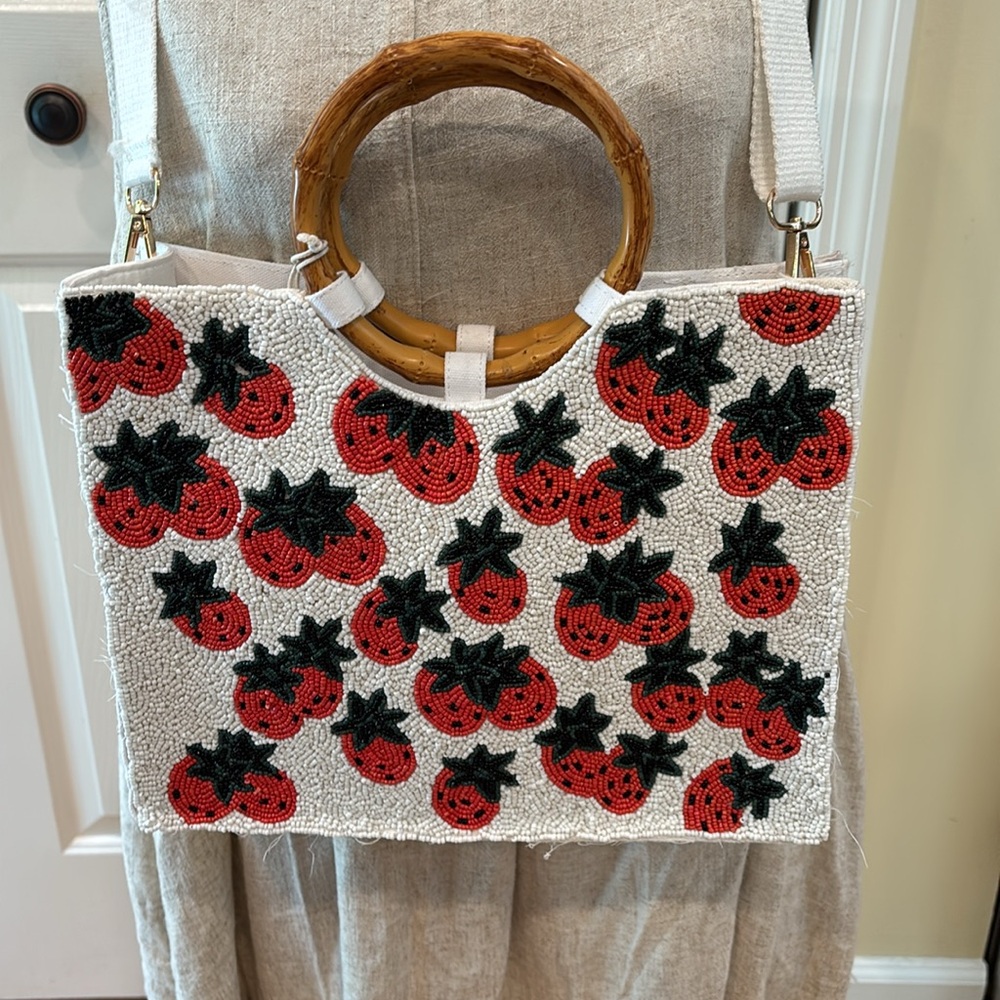 Sol and Mer beaded White and Red strawberry Embroidered Tote crossbody Bag
